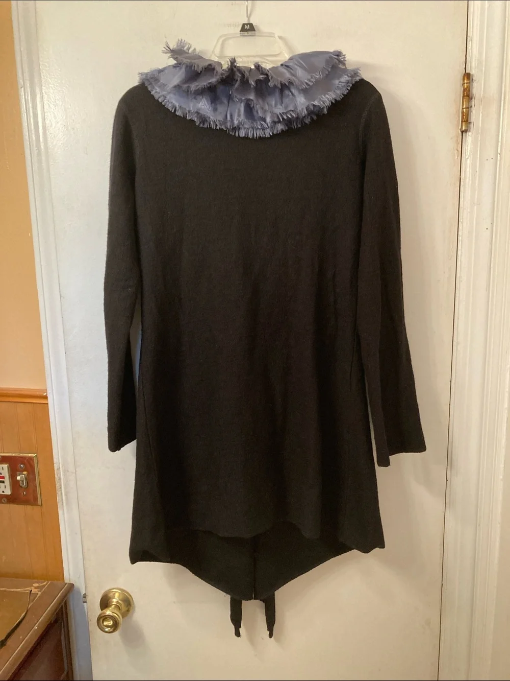 Peoria Emporium Black Wool Cardigan with Dusty Blue Ruffles